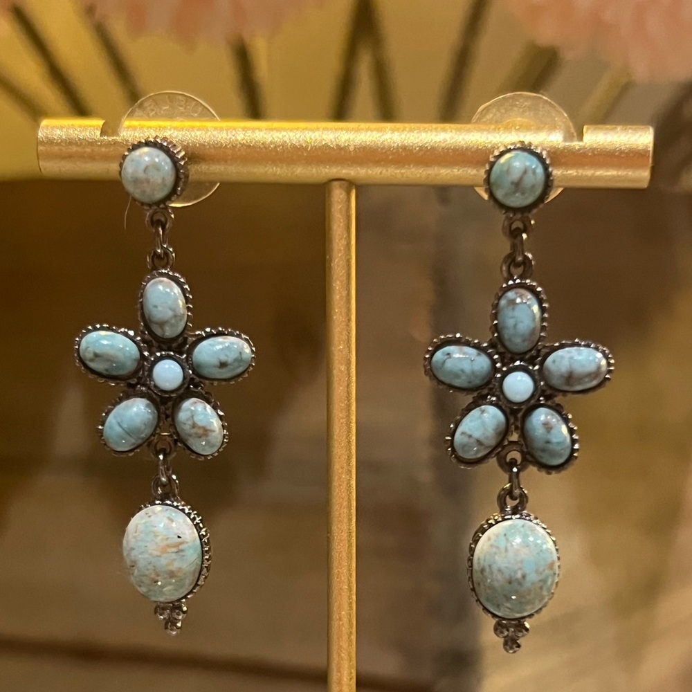 Turquoise flower dangle 3 tier earrings stud backing hangs 2” 0.75” wide jewelry - Picture 1 of 10